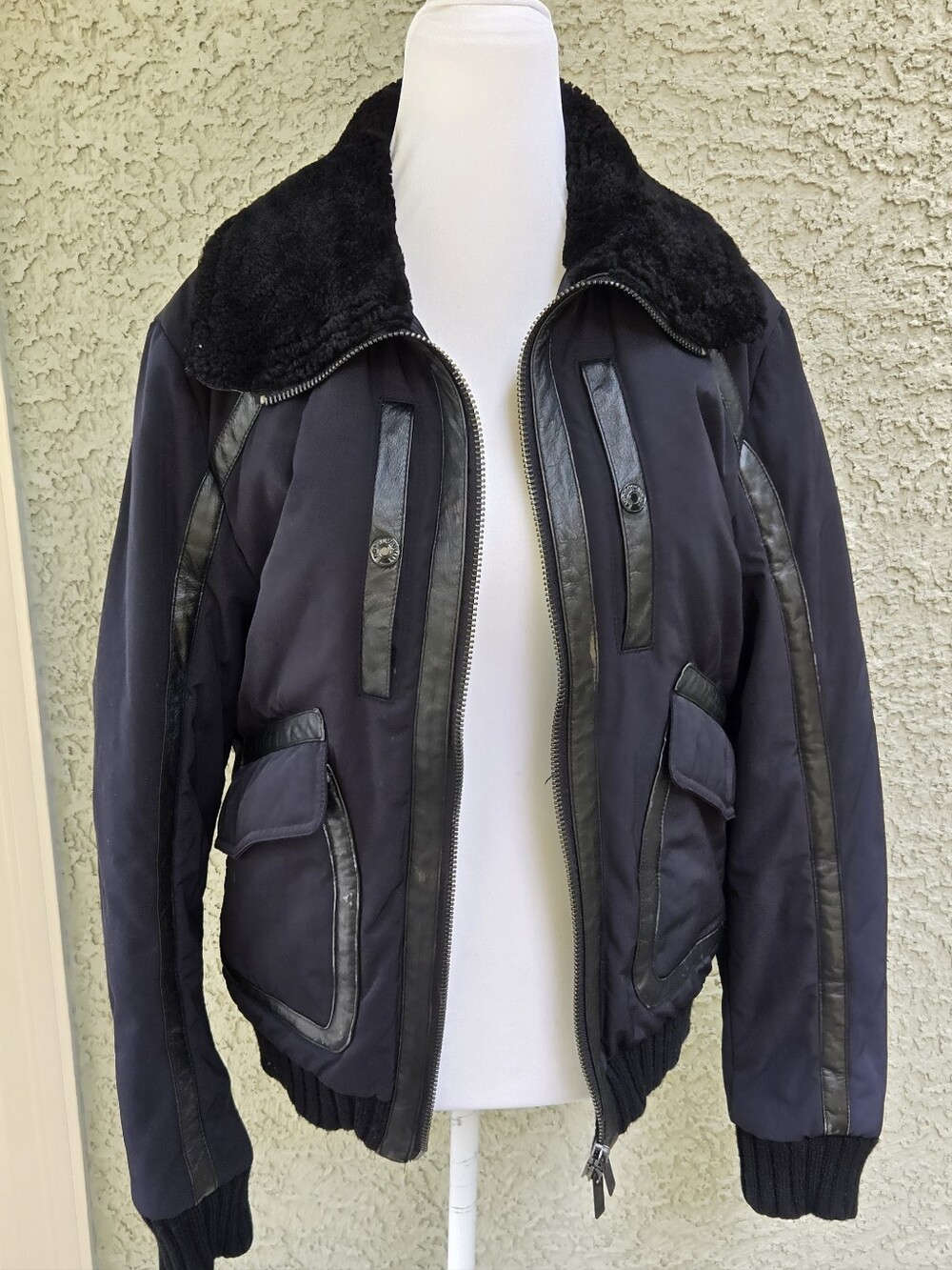 Emporio Armani Sean Fit Black Bomber Jacket with Faux Shearling Collar